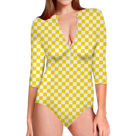 Yellow And White Checkered Pattern Print Long Sleeve Swimsuit