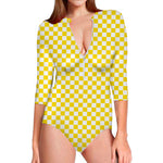 Yellow And White Checkered Pattern Print Long Sleeve Swimsuit