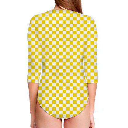 Yellow And White Checkered Pattern Print Long Sleeve Swimsuit