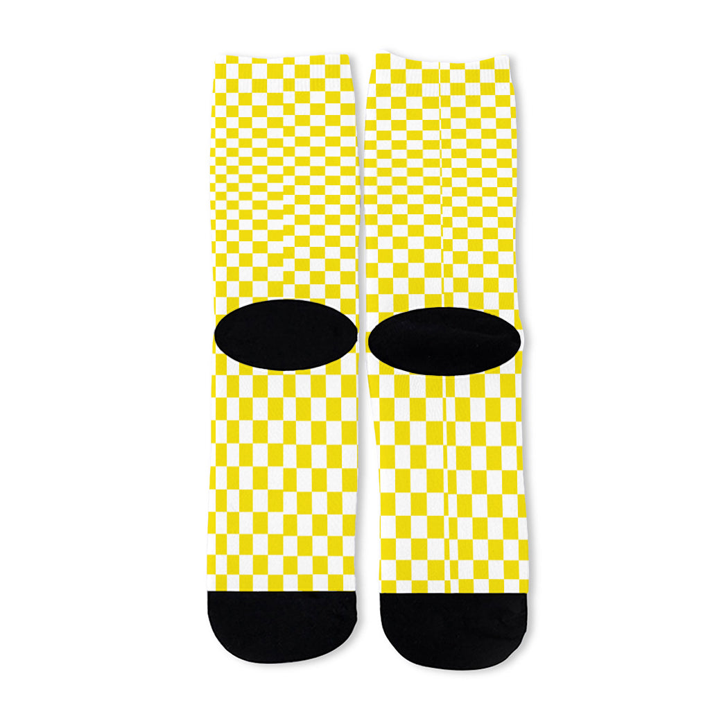 Yellow And White Checkered Pattern Print Long Socks