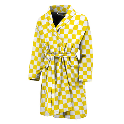 Yellow And White Checkered Pattern Print Men's Bathrobe