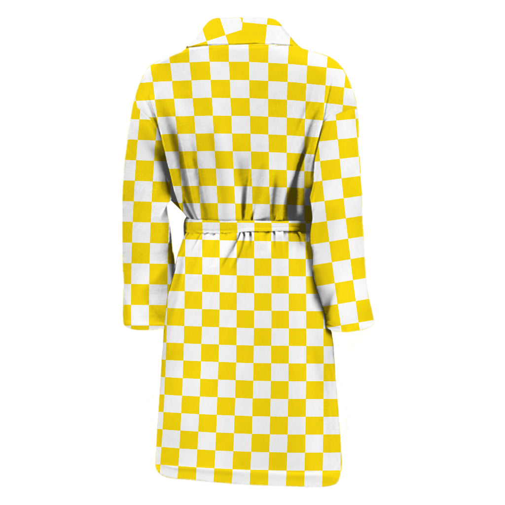 Yellow And White Checkered Pattern Print Men's Bathrobe