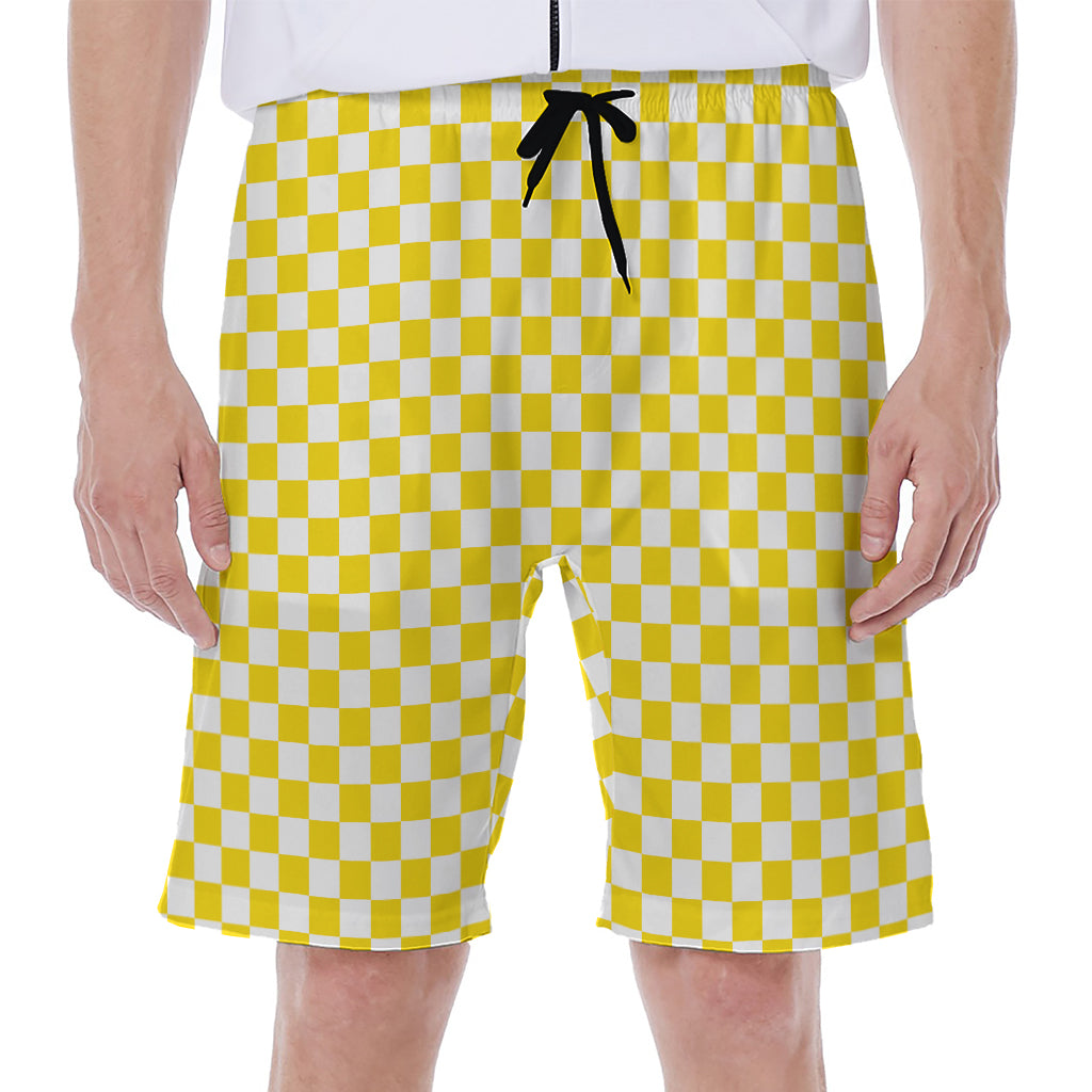 Yellow And White Checkered Pattern Print Men's Beach Shorts