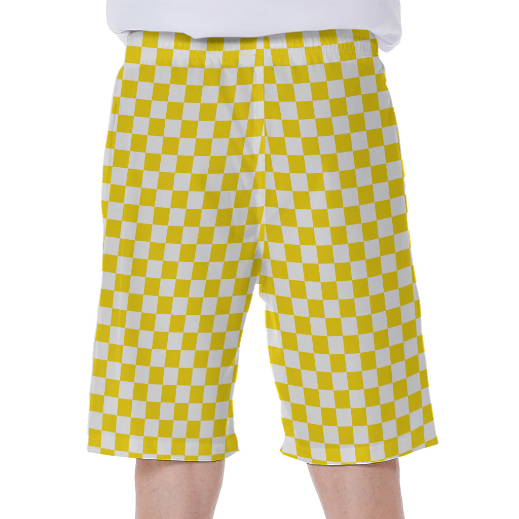 Yellow And White Checkered Pattern Print Men's Beach Shorts