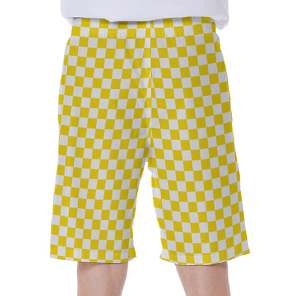 Yellow And White Checkered Pattern Print Men's Beach Shorts