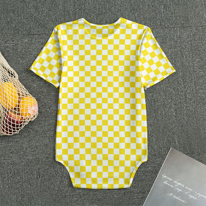 Yellow And White Checkered Pattern Print Men's Bodysuit