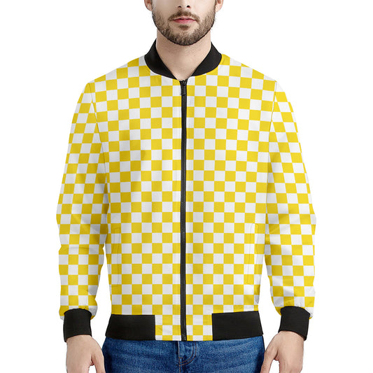 Yellow And White Checkered Pattern Print Men's Bomber Jacket