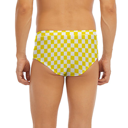 Yellow And White Checkered Pattern Print Men's Briefs