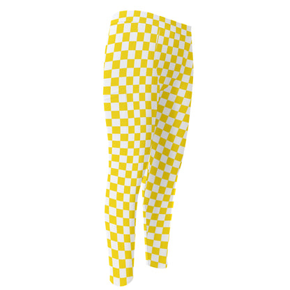 Yellow And White Checkered Pattern Print Men's Compression Pants