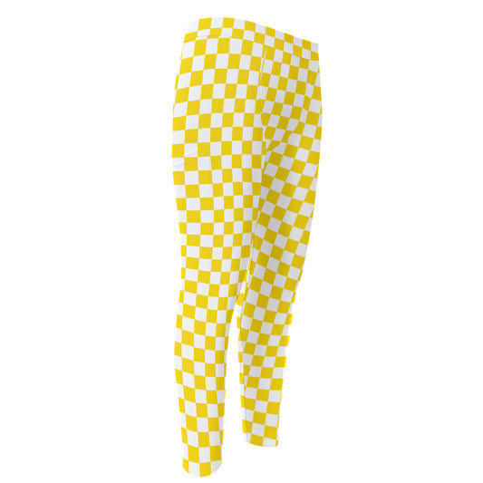 Yellow And White Checkered Pattern Print Men's Compression Pants
