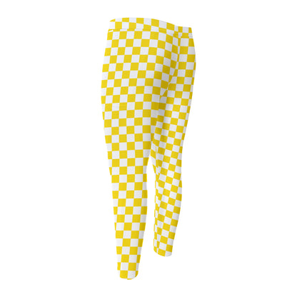 Yellow And White Checkered Pattern Print Men's Compression Pants
