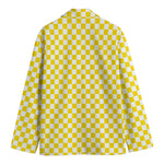 Yellow And White Checkered Pattern Print Men's Cotton Blazer