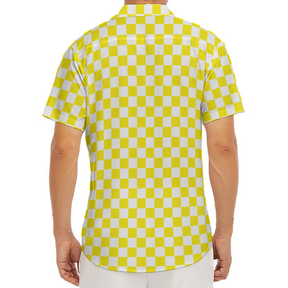 Yellow And White Checkered Pattern Print Men's Deep V-Neck Shirt