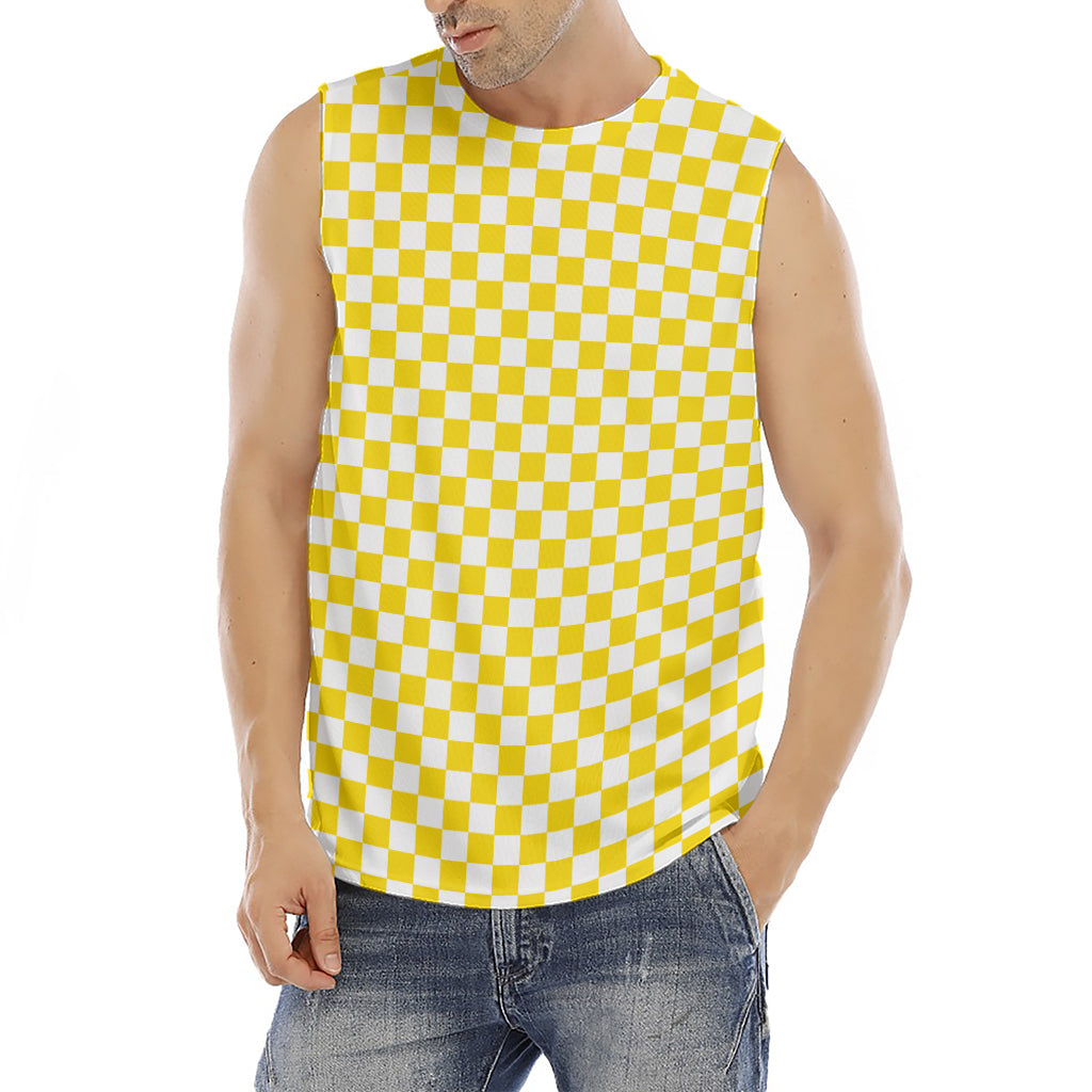Yellow And White Checkered Pattern Print Men's Fitness Tank Top