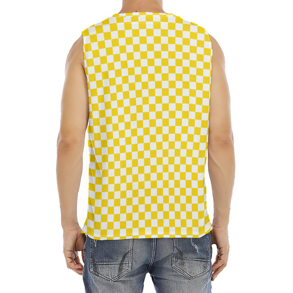 Yellow And White Checkered Pattern Print Men's Fitness Tank Top