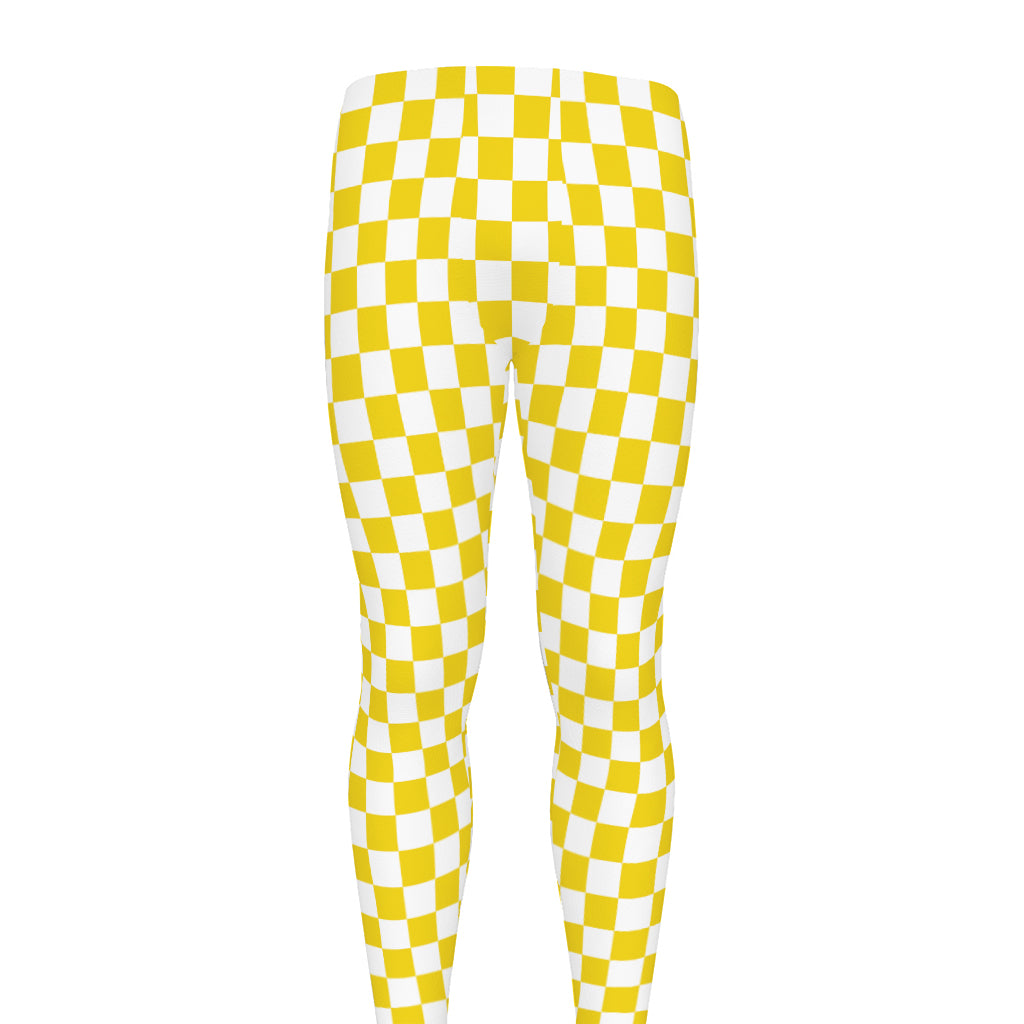 Yellow And White Checkered Pattern Print Men's leggings