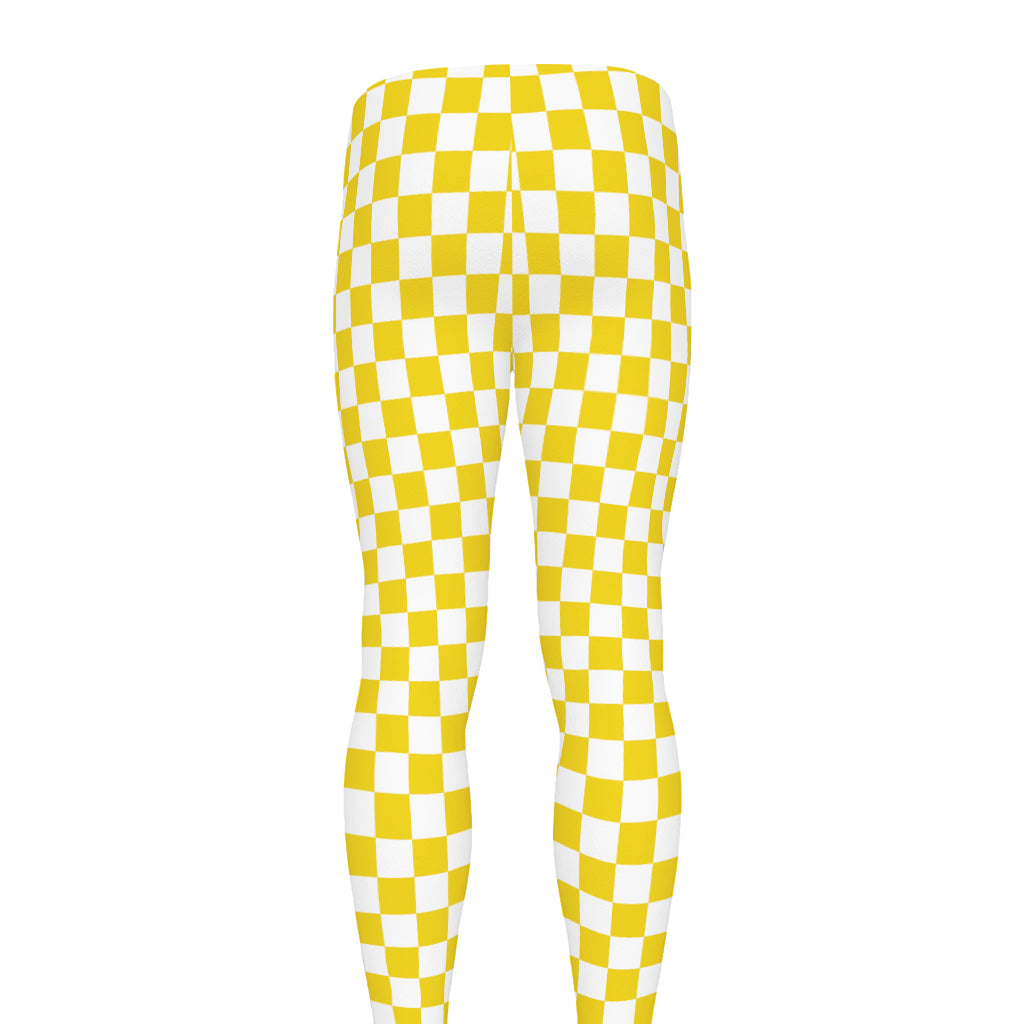 Yellow And White Checkered Pattern Print Men's leggings