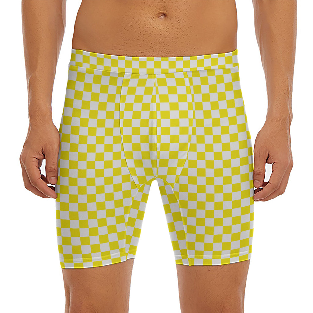 Yellow And White Checkered Pattern Print Men's Long Boxer Briefs