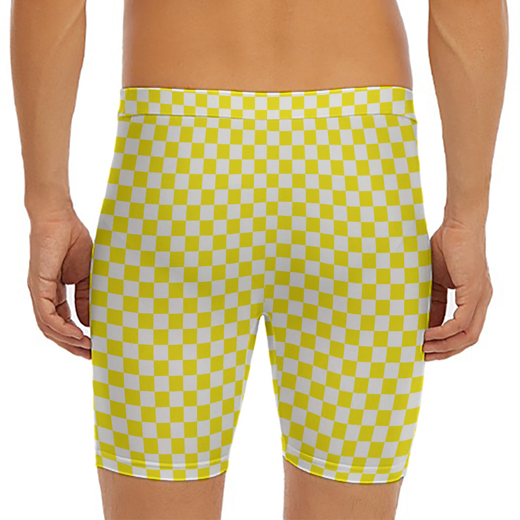 Yellow And White Checkered Pattern Print Men's Long Boxer Briefs