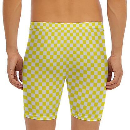 Yellow And White Checkered Pattern Print Men's Long Boxer Briefs