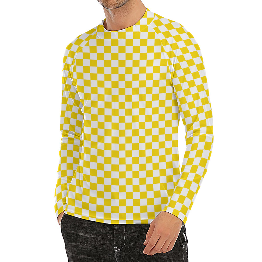 Yellow And White Checkered Pattern Print Men's Long Sleeve Rash Guard