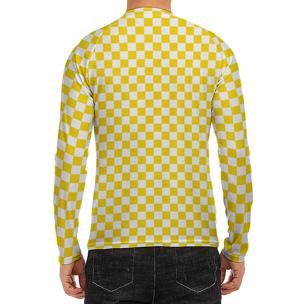 Yellow And White Checkered Pattern Print Men's Long Sleeve Rash Guard