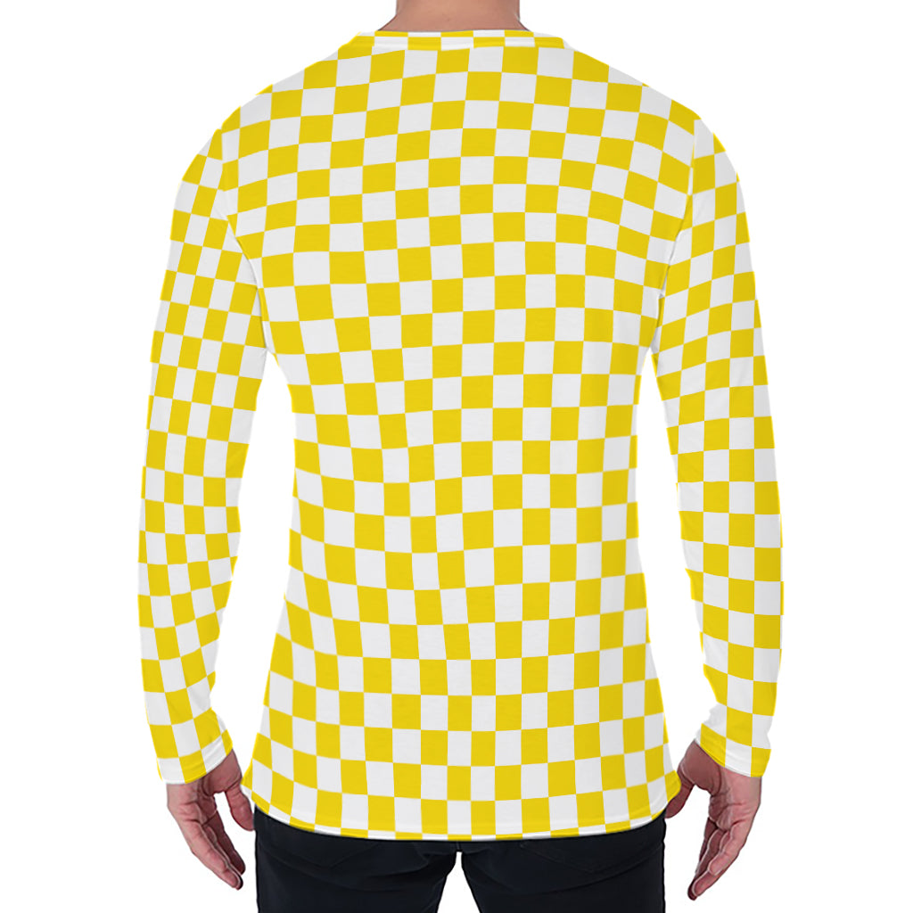Yellow And White Checkered Pattern Print Men's Long Sleeve T-Shirt
