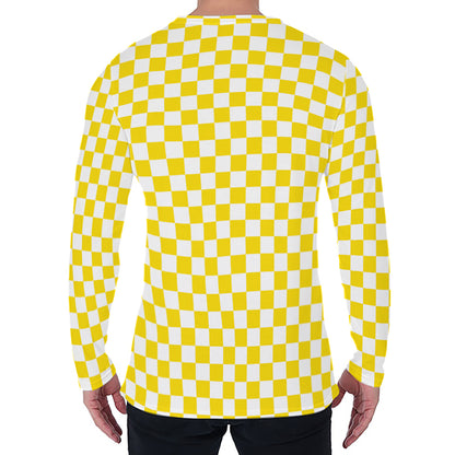 Yellow And White Checkered Pattern Print Men's Long Sleeve T-Shirt