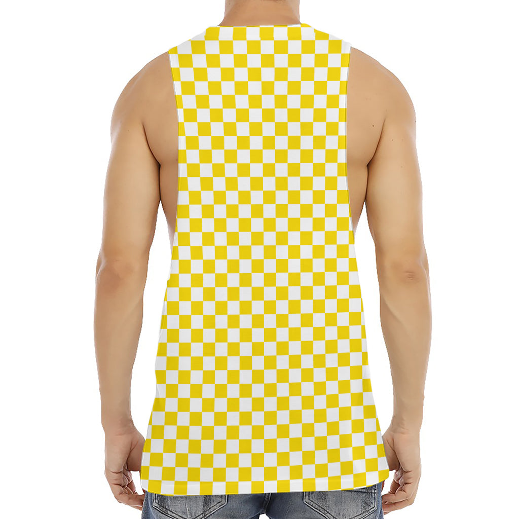 Yellow And White Checkered Pattern Print Men's Muscle Tank Top