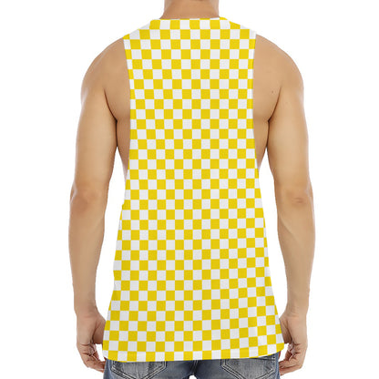 Yellow And White Checkered Pattern Print Men's Muscle Tank Top