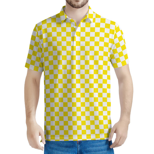 Yellow And White Checkered Pattern Print Men's Polo Shirt