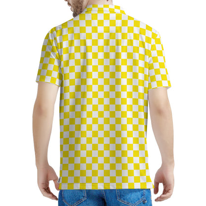 Yellow And White Checkered Pattern Print Men's Polo Shirt