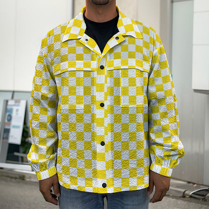 Yellow And White Checkered Pattern Print Men's Shirt Jacket