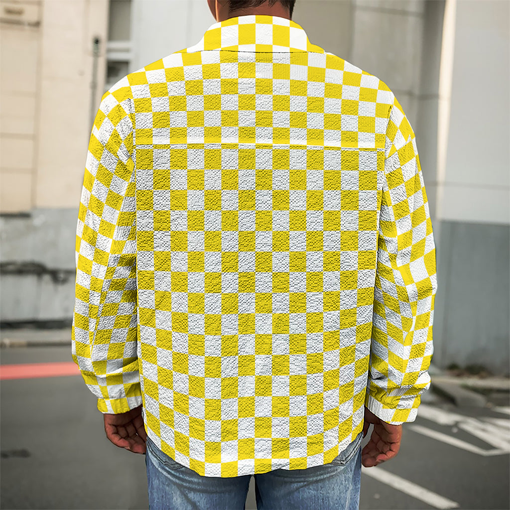 Yellow And White Checkered Pattern Print Men's Shirt Jacket