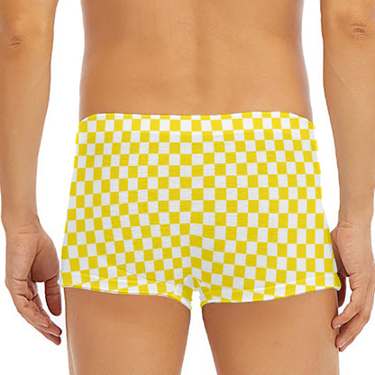 Yellow And White Checkered Pattern Print Men's Short Boxer Briefs