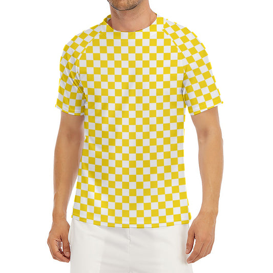 Yellow And White Checkered Pattern Print Men's Short Sleeve Rash Guard