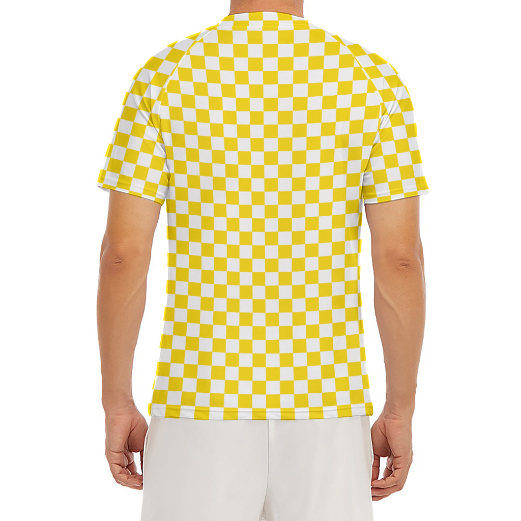 Yellow And White Checkered Pattern Print Men's Short Sleeve Rash Guard