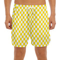 Yellow And White Checkered Pattern Print Men's Split Running Shorts