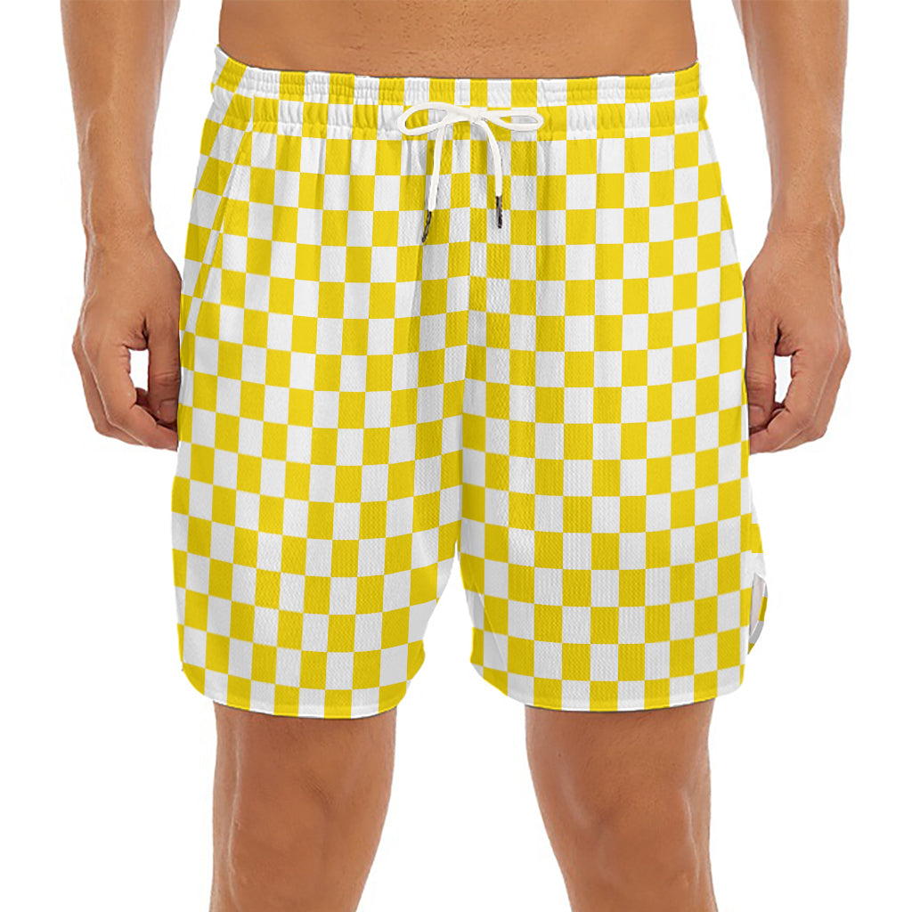 Yellow And White Checkered Pattern Print Men's Split Running Shorts