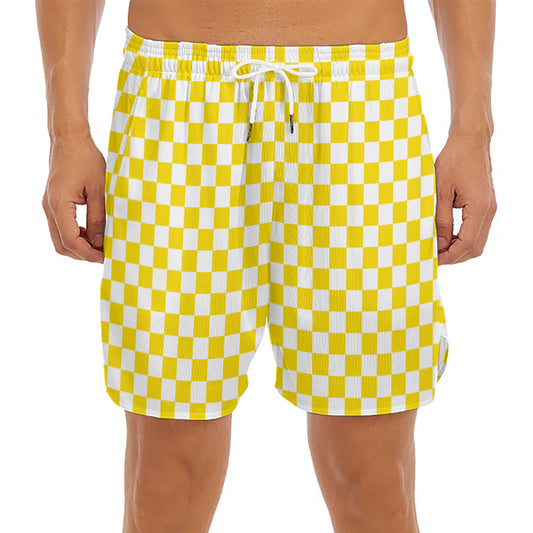 Yellow And White Checkered Pattern Print Men's Split Running Shorts