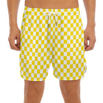 Yellow And White Checkered Pattern Print Men's Split Running Shorts