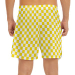 Yellow And White Checkered Pattern Print Men's Split Running Shorts