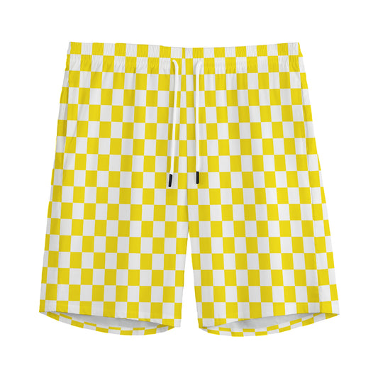 Yellow And White Checkered Pattern Print Men's Sports Shorts