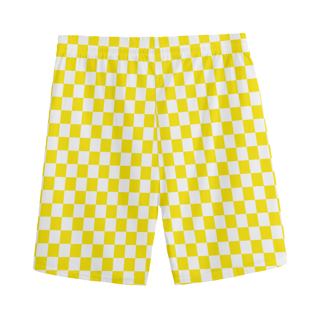 Yellow And White Checkered Pattern Print Men's Sports Shorts
