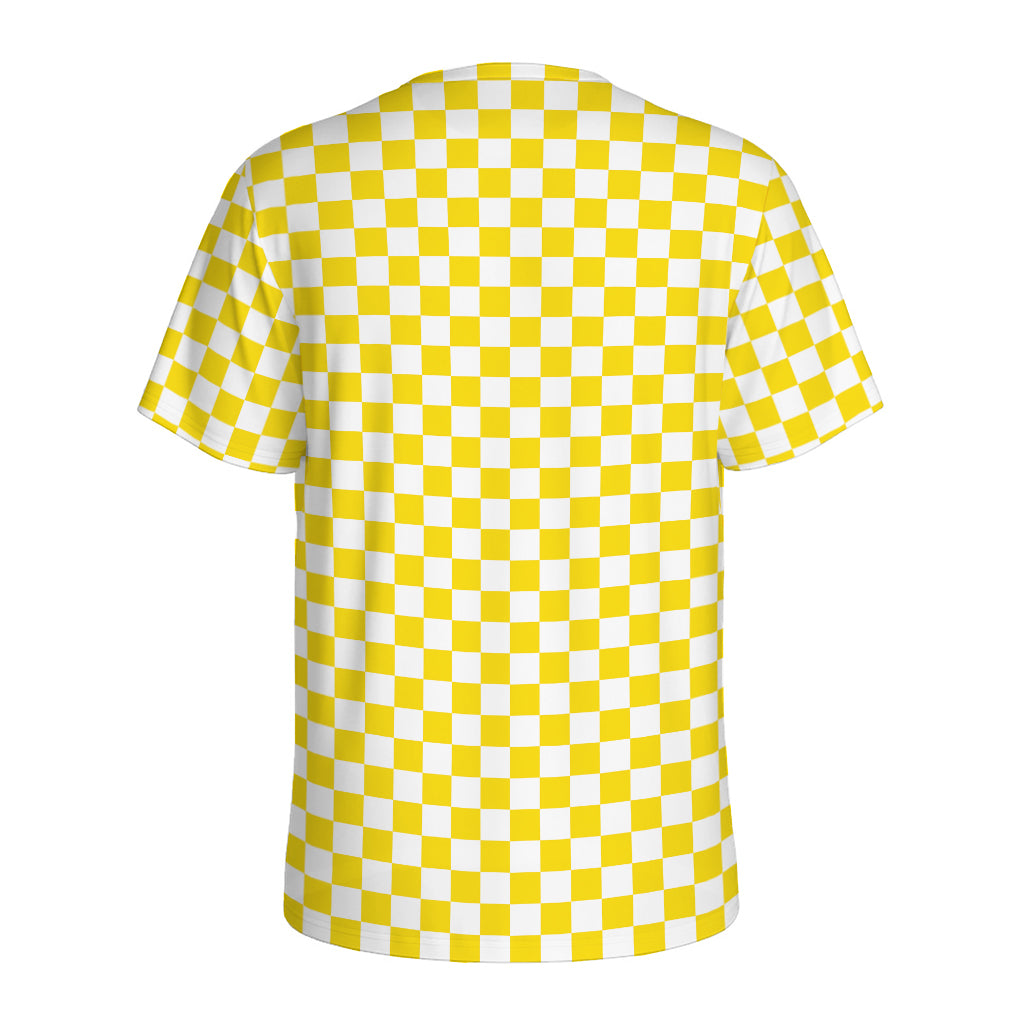 Yellow And White Checkered Pattern Print Men's Sports T-Shirt