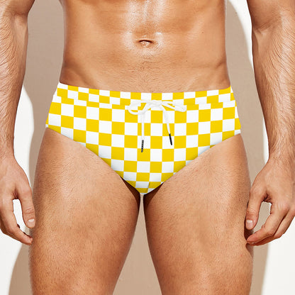 Yellow And White Checkered Pattern Print Men's Swim Briefs