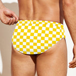 Yellow And White Checkered Pattern Print Men's Swim Briefs