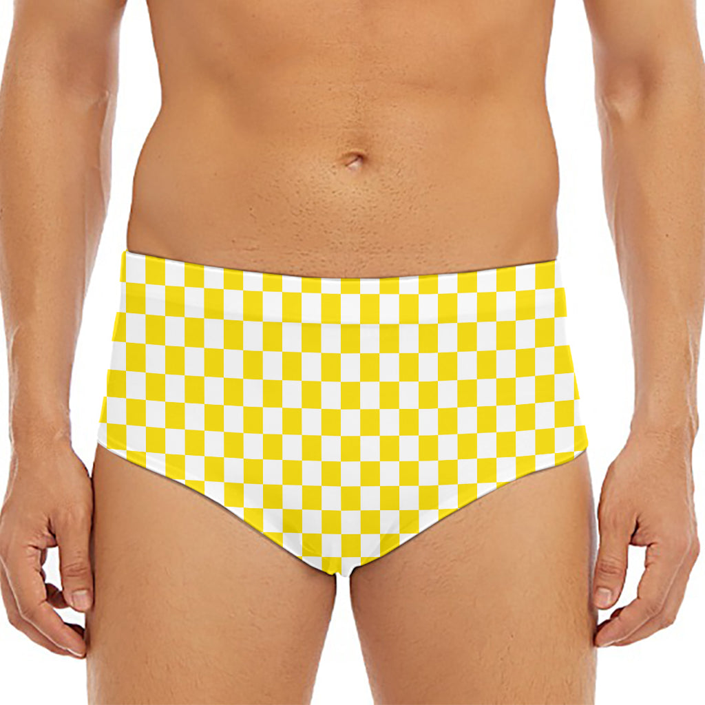 Yellow And White Checkered Pattern Print Men's Triangle Swim Briefs