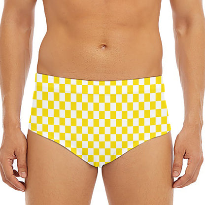 Yellow And White Checkered Pattern Print Men's Triangle Swim Briefs