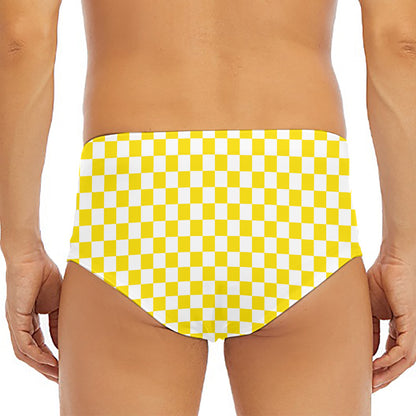 Yellow And White Checkered Pattern Print Men's Triangle Swim Briefs